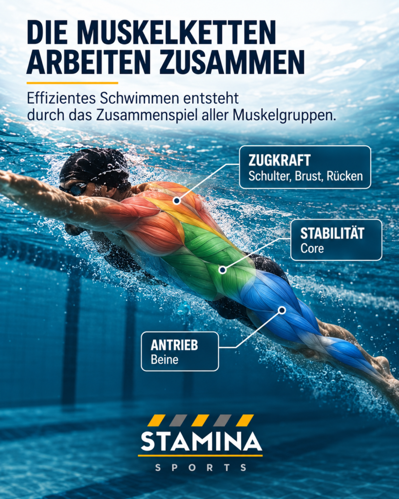 Schwimmanatomie: Wie arbeiten Muskeln beim kraulschwimmen? Die Muskelketten arbeiten zusammen
