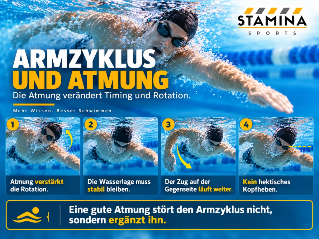 Armzyklus beim Kraulschwimmen: Wie beide Arme, Quadranten und Rotation zusammenarbeiten Zusammenhang zwischen Atmung, Körperrotation und Armzyklus beim Kraulschwimmen