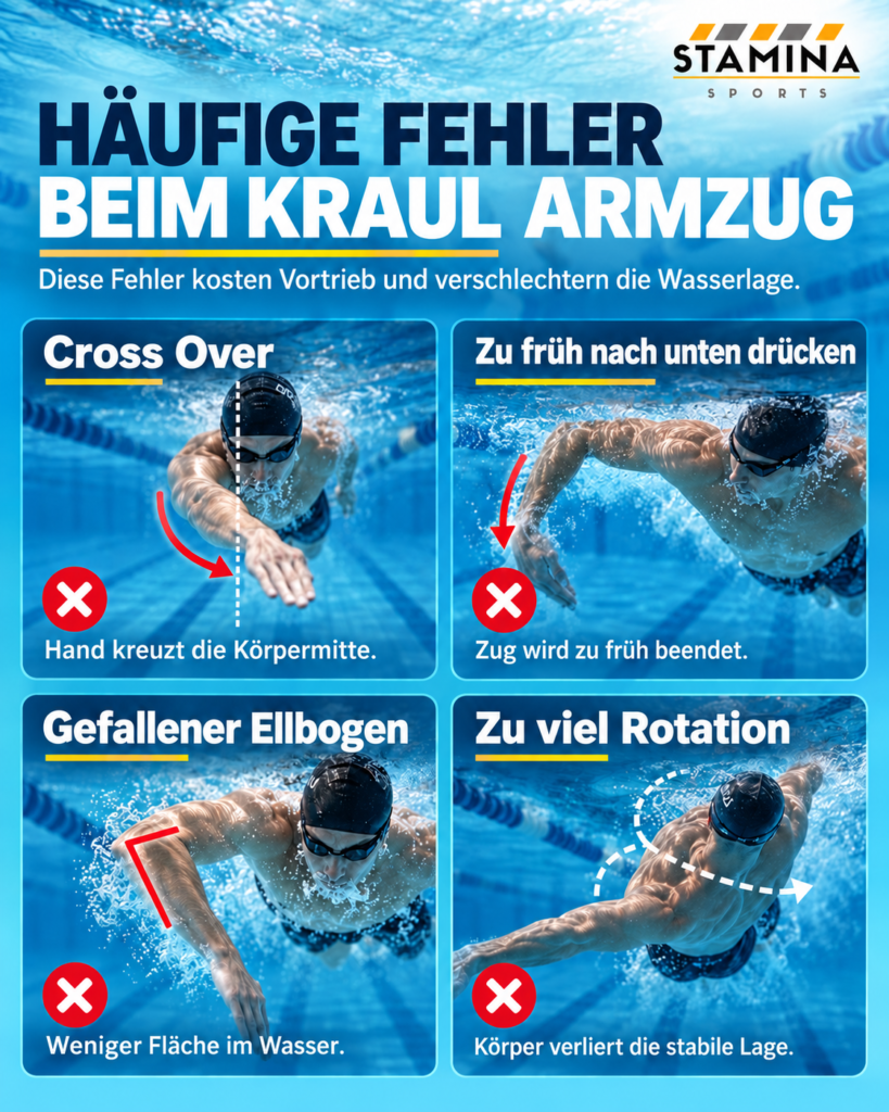 Der Kraul Armzug: Technik, Armzyklus und Koordination richtig erklärt Häufige Fehler beim Kraul Armzug mit Cross Over, zu frühem Drücken, gefallenem Ellbogen und zu starker Rotation
