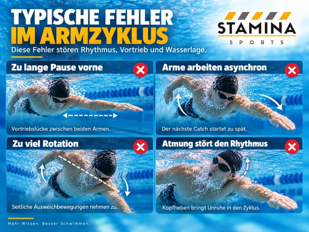 Armzyklus beim Kraulschwimmen: Wie beide Arme, Quadranten und Rotation zusammenarbeiten Typische Fehler im Armzyklus beim Kraulschwimmen mit zu langer Pause, gestörtem Timing, zu viel Rotation und fehlerhafter Atmung