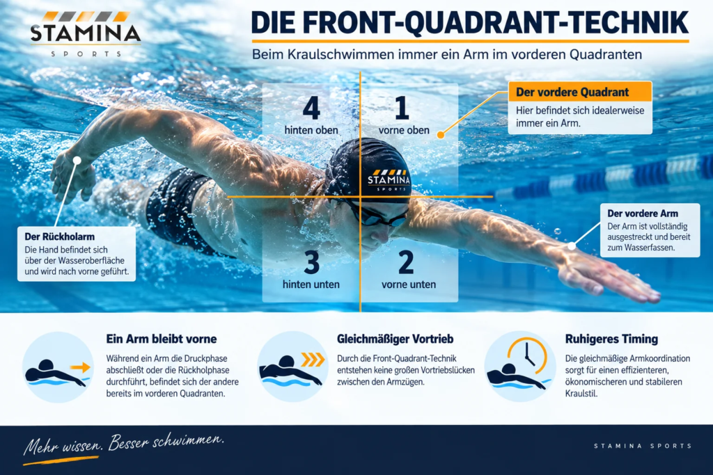 Armzyklus beim Kraulschwimmen: Wie beide Arme, Quadranten und Rotation zusammenarbeiten Front Quadrant Technik beim Kraulschwimmen mit den vier Quadranten und einem Arm in den vorderen Quadranten 1 oder 2