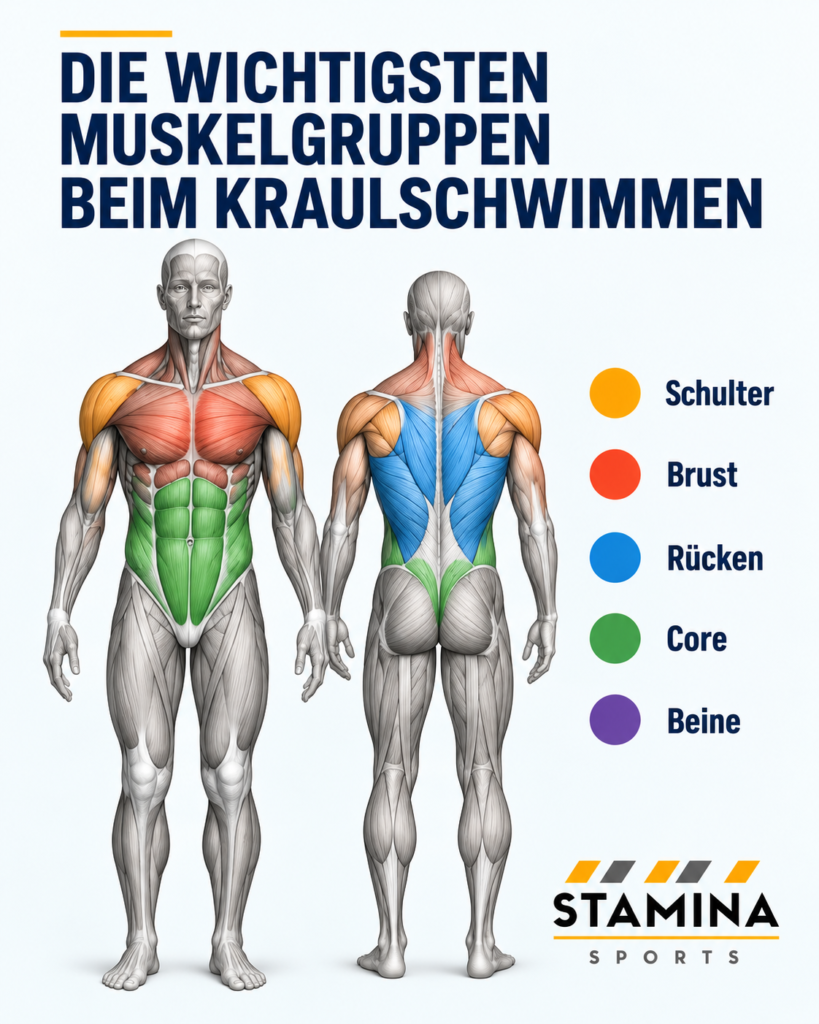 Schwimmanatomie: Wie arbeiten Muskeln beim kraulschwimmen? Anatomische Darstellung der wichtigsten Muskelgruppen beim Kraulschwimmen
