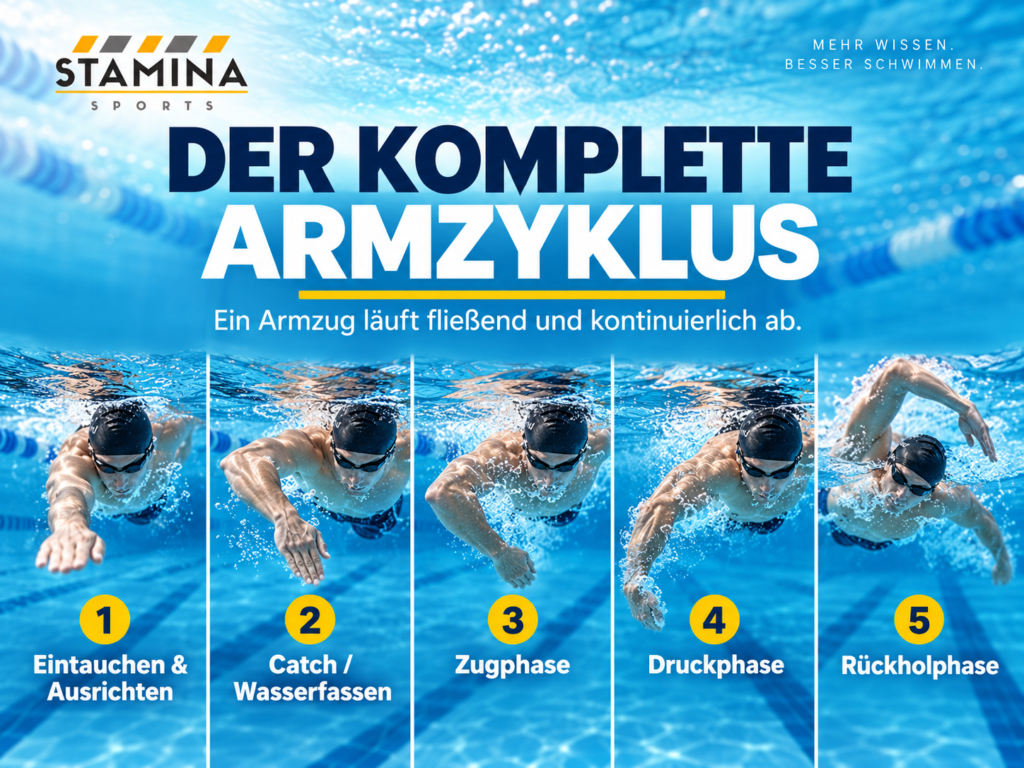 Der Kraul Armzug: Technik, Armzyklus und Koordination richtig erklärt Kompletter Kraul Armzyklus mit Eintauchen, Wasserfassen, Zugphase, Druckphase und Rückholphase